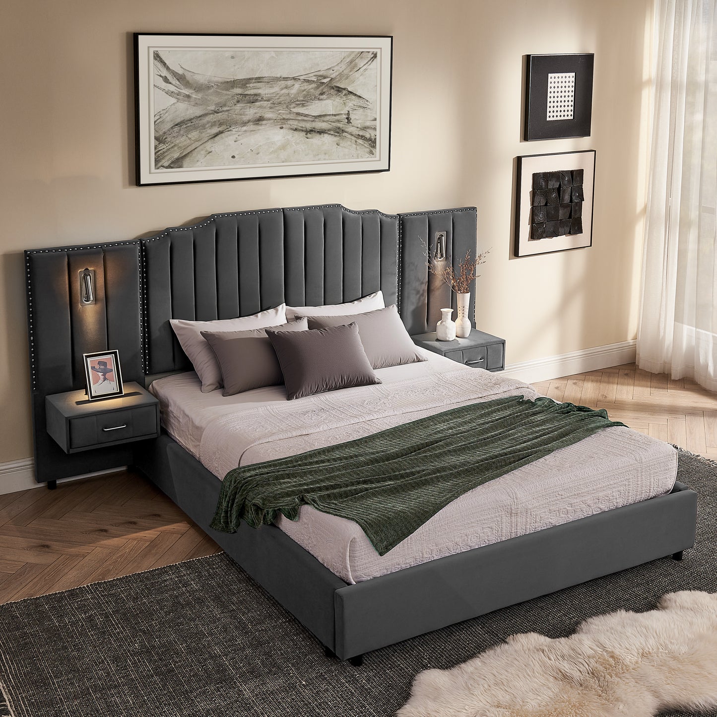 Queen Size Upholstered Bed Frame With Velvet Fabric, Vertical Stripe Design With Buttons Around  Platform Bed With Headboard, Solid Frame & Bedside Table - No Box Spring Needed-Gray