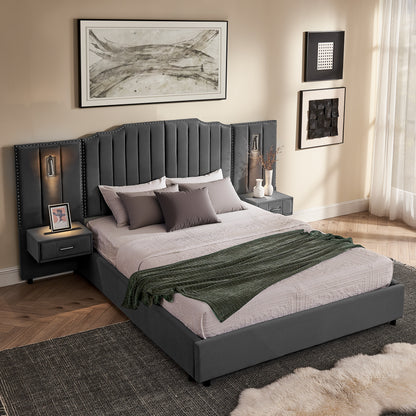 Queen Size Upholstered Bed Frame With Velvet Fabric, Vertical Stripe Design With Buttons Around  Platform Bed With Headboard, Solid Frame & Bedside Table - No Box Spring Needed-Gray