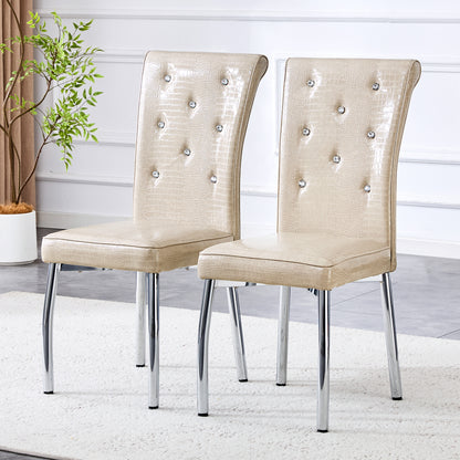 A Set Of 2 Beige And Silver Vintage Crocodile Leather Cushioned Dining Chairs, Featuring Crystal Clasp Design And Artificial Leather Design, Adding A Touch Of Elegance And Mystery To The Dining Area