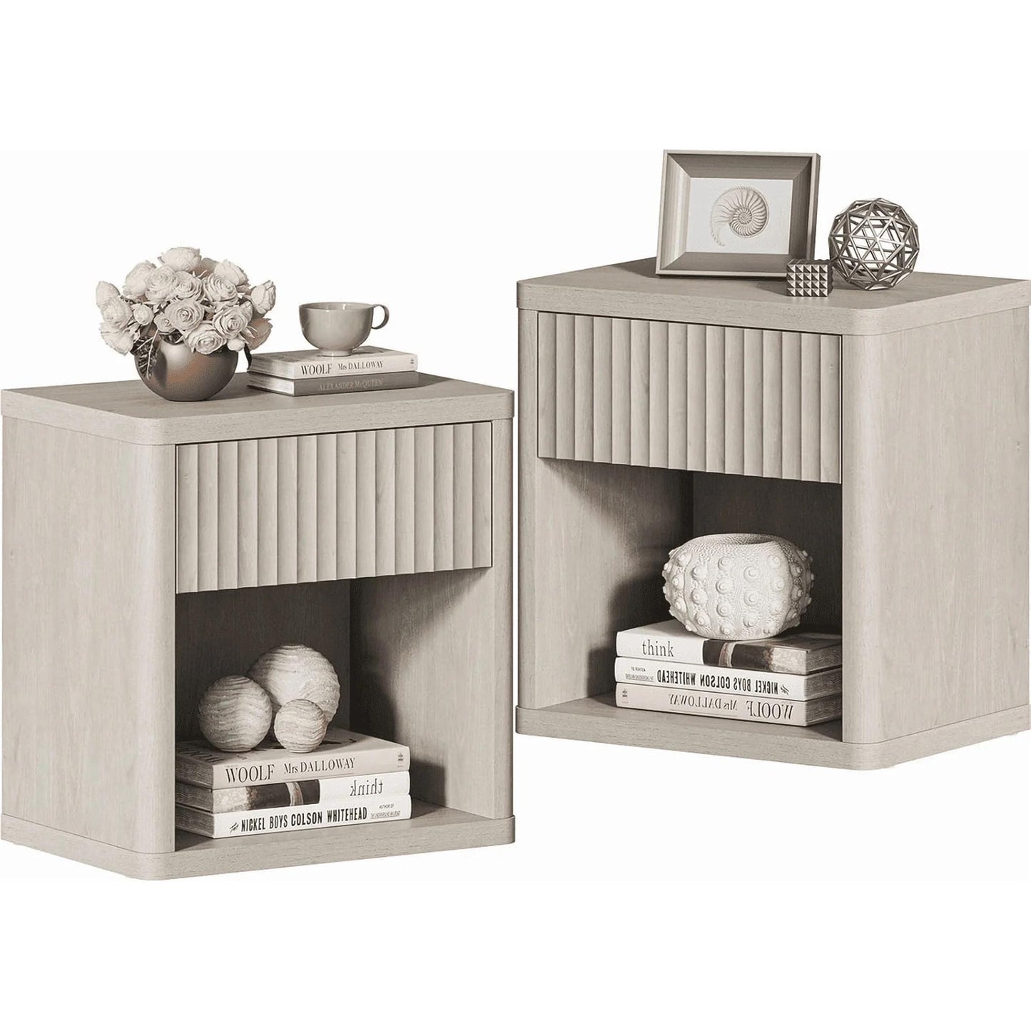 Bedside Cabinet With Drawers And Open Shelves, Side Table With Rounded Corners