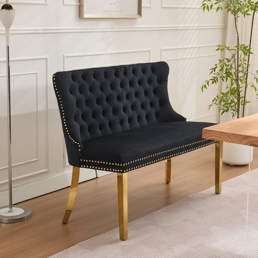 Velvet Double Dining Loveseat Bench, Kitchen & Dining Seating, 2-Seat Tufted Bench W  Handmade Buttons, Wing Back, Gold-Plated Steel Legs, Mid Century Modern,Single Pack,Black