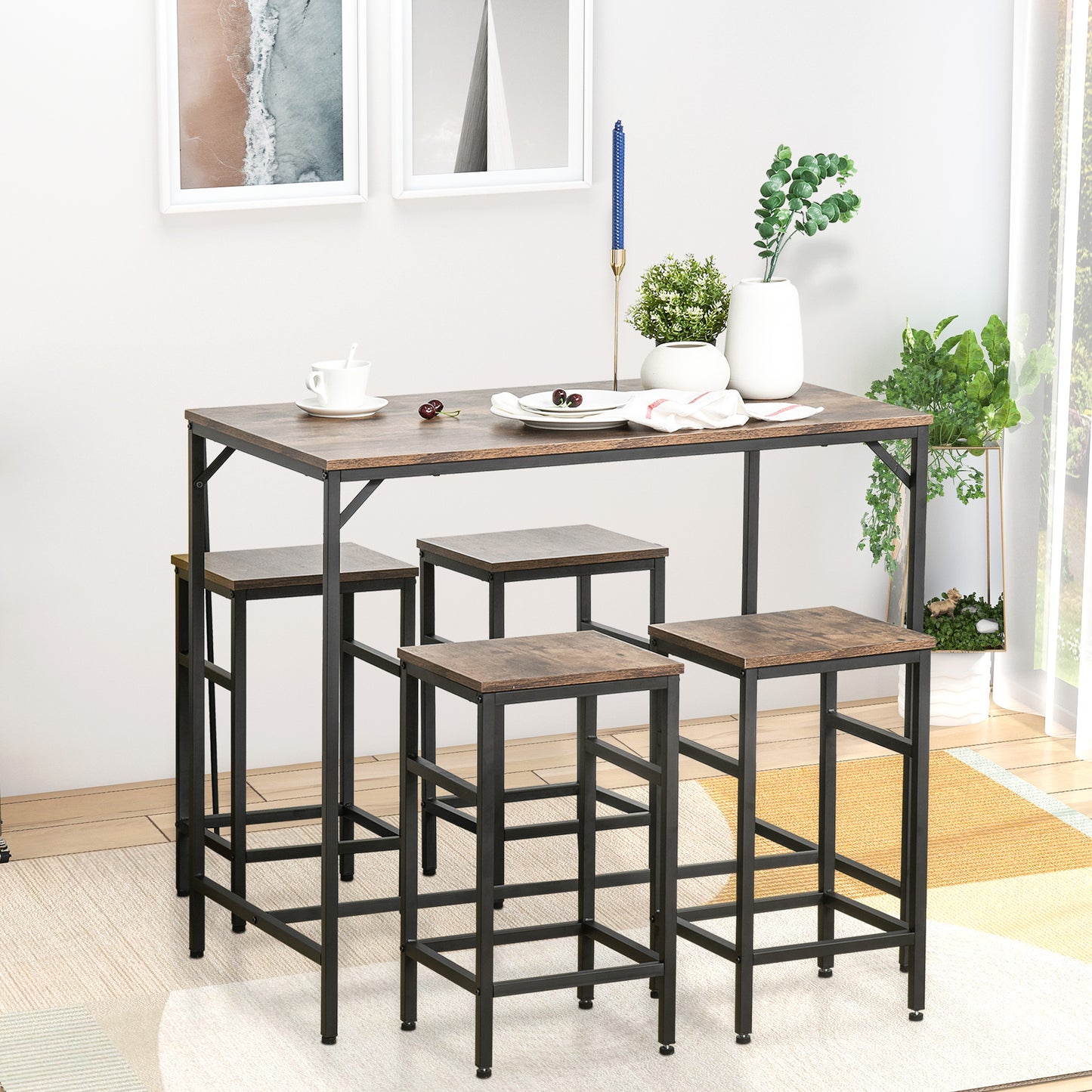5-Piece Industrial Dining Table Set, Bar Table & 4 Stools Set, Space Saving for Pub & Kitchen, Rustic Brown/Black