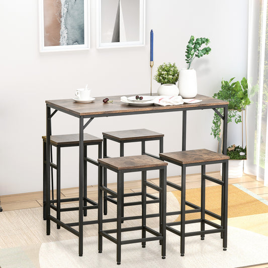 5-Piece Industrial Dining Table Set, Bar Table & 4 Stools Set, Space Saving for Pub & Kitchen, Rustic Brown/Black