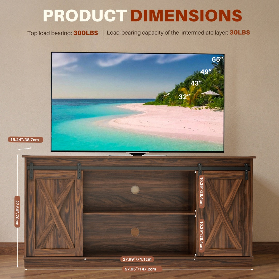 65-inch Solid Wood TV Cabinet With Double-layer Storage Space Sliding Door, Modern Living Room Furniture