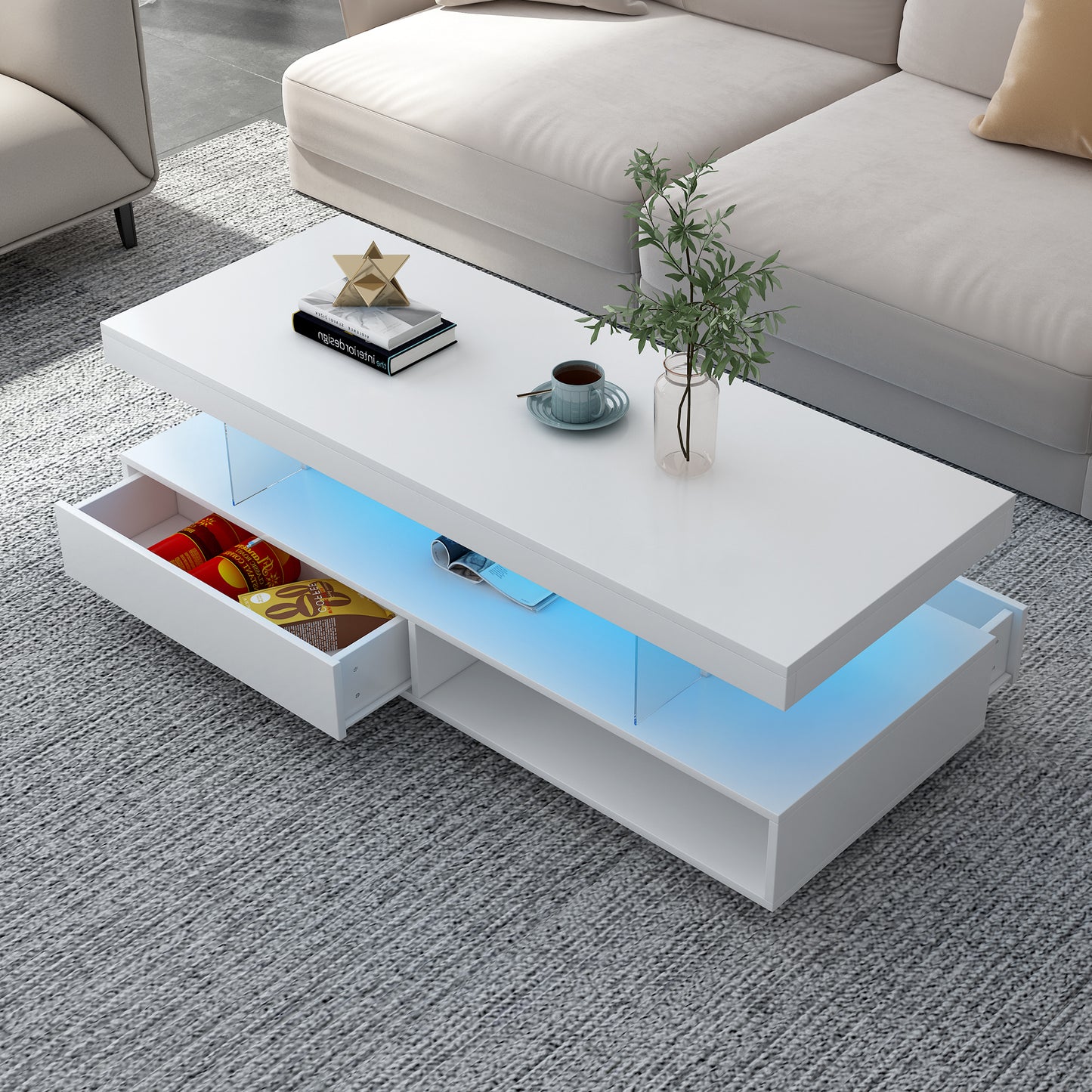 VIBE HAUS LED Coffee Table With Storage, Modern Center Table With 2 Drawers And Display Shelves, Accent Furniture With LED Lights For Living Room,White