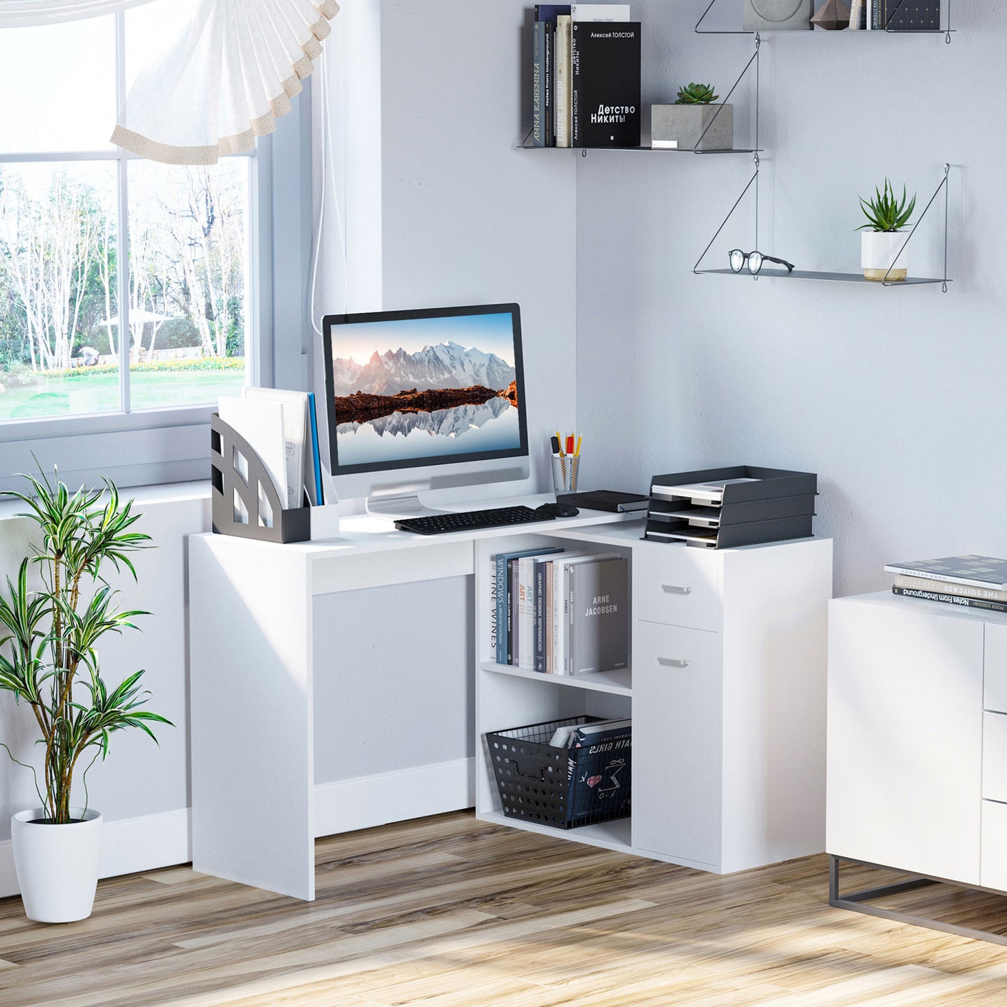 L Shaped Computer Desk, 180° Rotating Corner Desk with Storage Shelves, Drawer and Cabinet, Study Workstation for Home Office, White