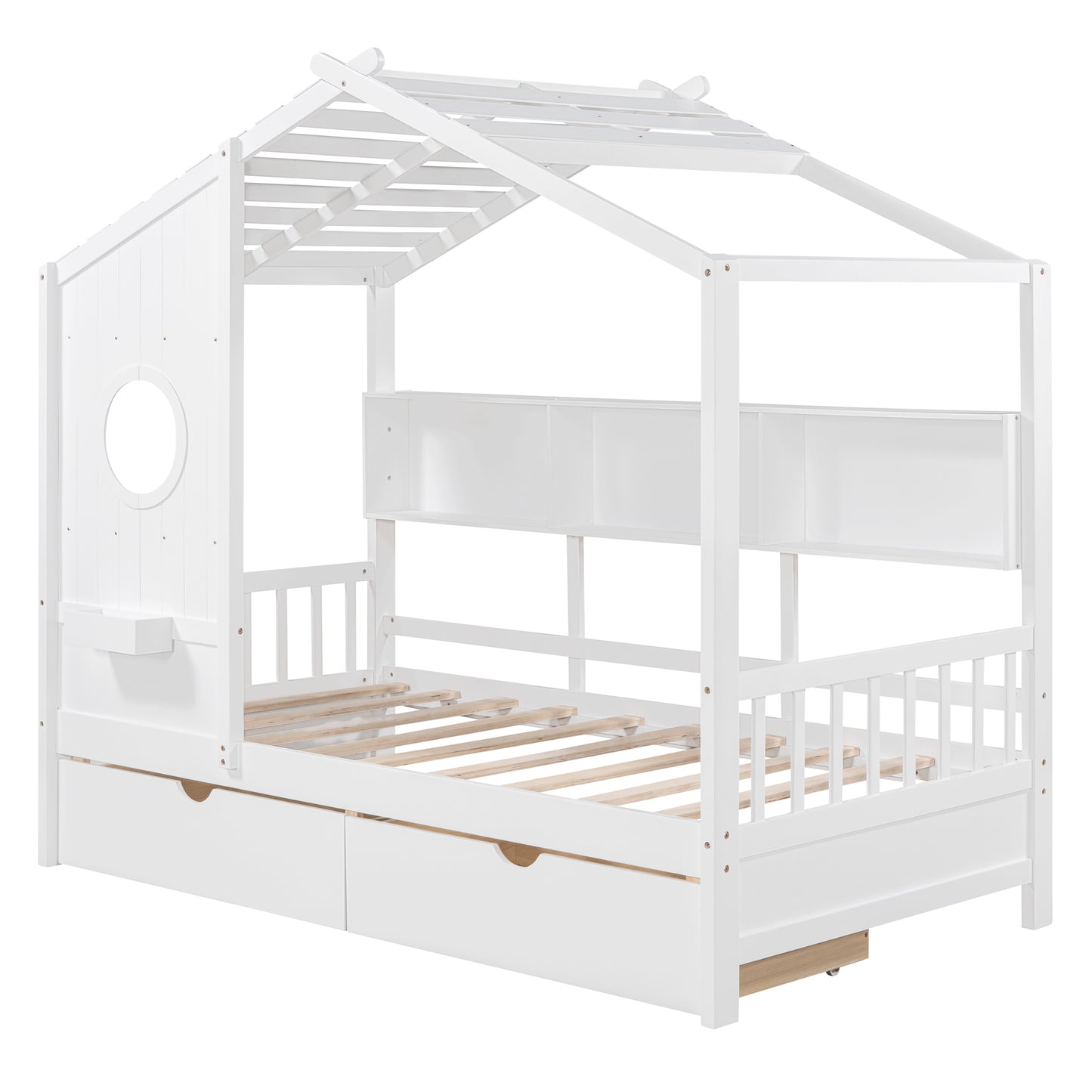 Wooden Twin Size House Bed With 2 Drawers,Kids Bed With Storage Shelf, White