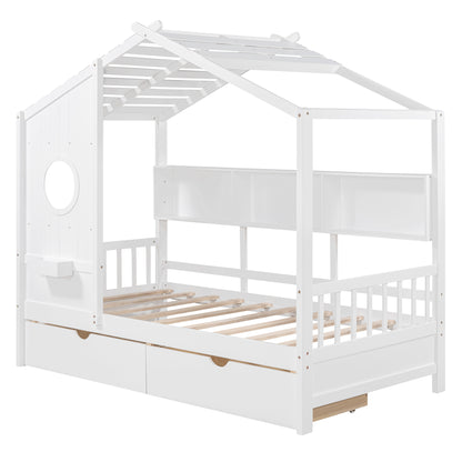 Wooden Twin Size House Bed With 2 Drawers,Kids Bed With Storage Shelf, White
