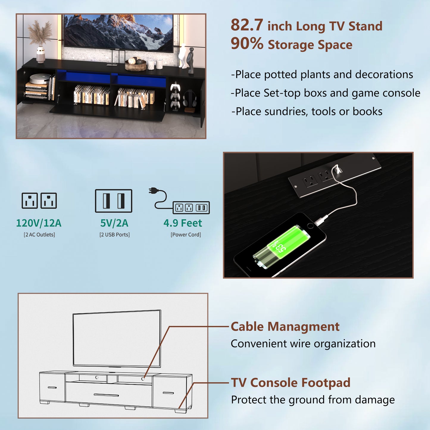 TV Console With Storage Cabinet Modern Entertainment Center 31 Modes Changing Lights
