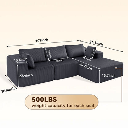 108-inch Modular Combination Sofa, Modern Modular L-shaped Sofa With A Lounge Chair, Upholstered Boneless Sofa