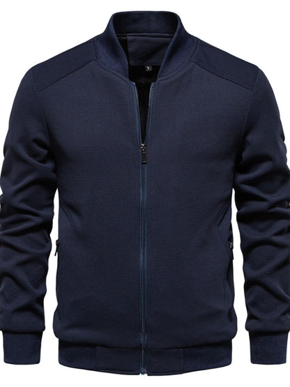 Men's Waffle Knit Baseball Collar Zip Up Jacket