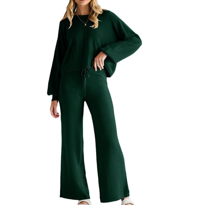 Womens Loose-Fit Crew-Neck Long-Sleeve Top And Elastic-Waist Flared Pants Two-Piece Set