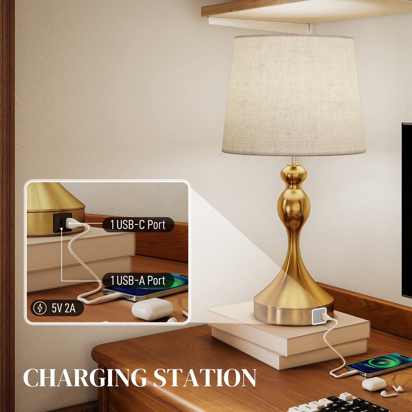 Bedside Lamps Set Of 2, Modern Table Lamps With 3 Colour Temperatures, USB A+C Charging Ports And Linen Shade For Living Room Bedroom Office, Gold Tone