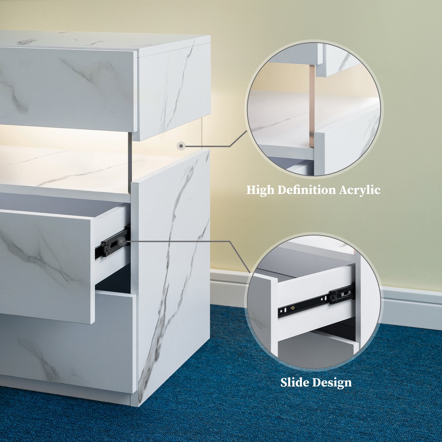 LED Nightstands 3 Drawer Dresser For Bedroom End Table With Acrylic Board LED Bedside Tables White Stone