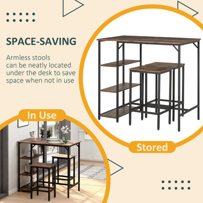 Industrial Bar Height Dining Table Set With 2 Stools & Side Shelf, 3 Pieces Coffee Table For Dining Room, Kitchen, Dinette