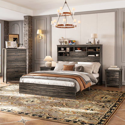4PCS Bedroom Sets, Wooden Queen Size Bed Frame With Storage Headboard And Charging Station, 2 Nightstands With 2 Drawers, 1 Dresser With 5 Drawers, Antique Gray