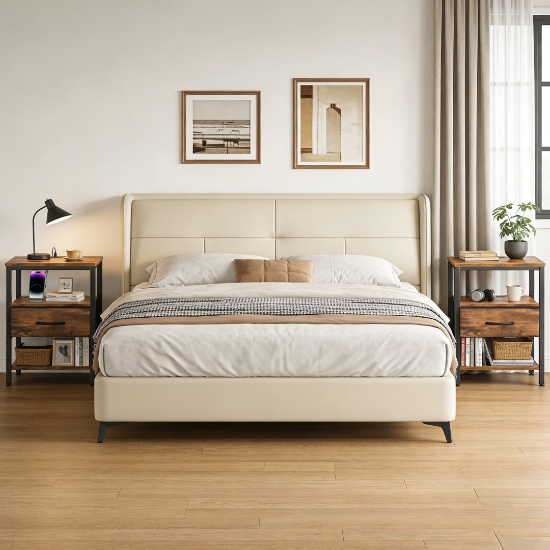 Bedside Table, With Built-in USB-C-type Port Sockets And Adjustable Drawers, 3-layer Storage Rack, And Fabric Drawers