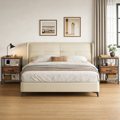 Bedside Table, With Built-in USB-C-type Port Sockets And Adjustable Drawers, 3-layer Storage Rack, And Fabric Drawers
