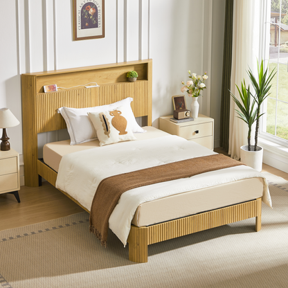 Full Extra Long Full XL  Size Bed Frame With Storage Headboard, Built-in Charging Station, Wavy Curved Lines Design, Silent Operation, Metal Support, Natural