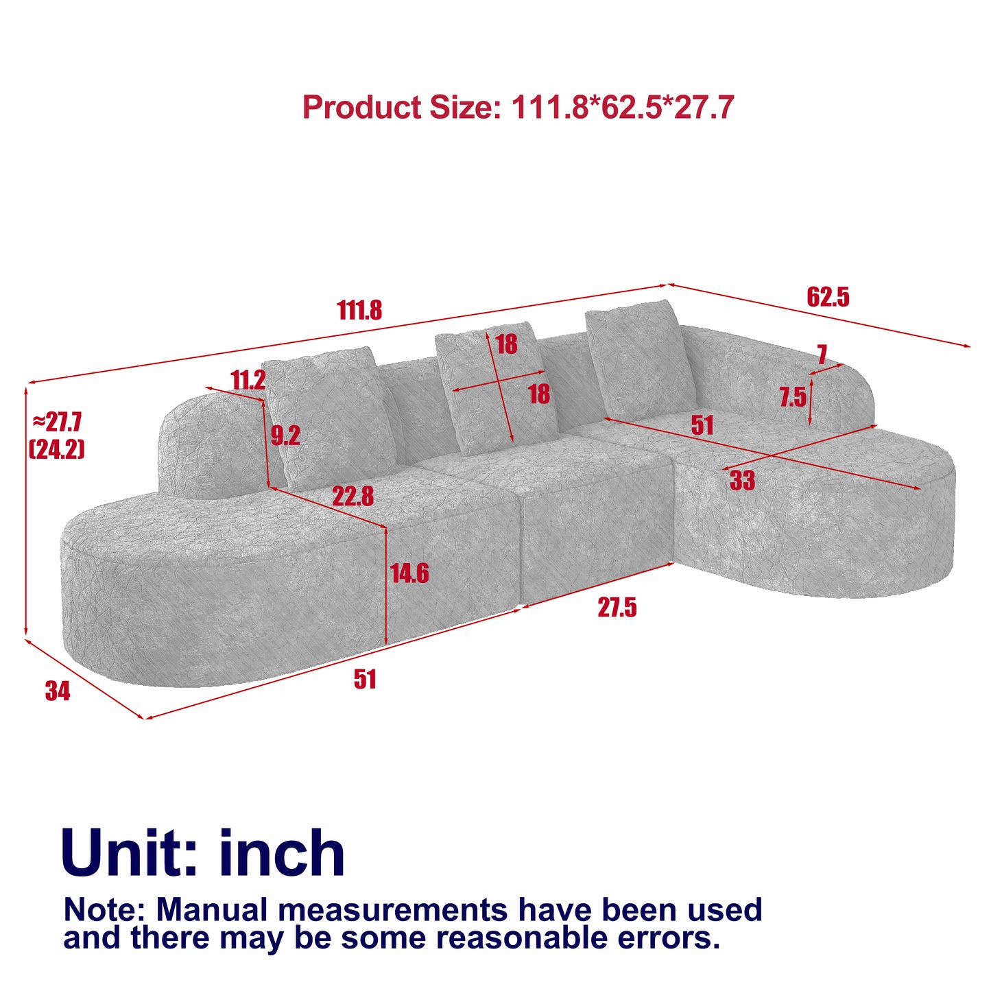 111.8-inch L-shaped Curved Modular Sofa, Modern Design Featuring Lychee-textured Long-pile Polyester Fabric, Curved Backrest With Three Pillows