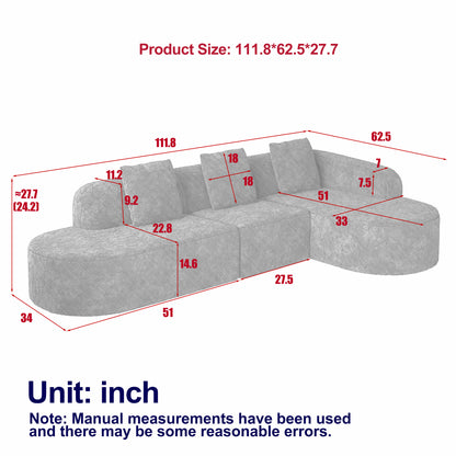 111.8-inch L-shaped Curved Modular Sofa, Modern Design Featuring Lychee-textured Long-pile Polyester Fabric, Curved Backrest With Three Pillows