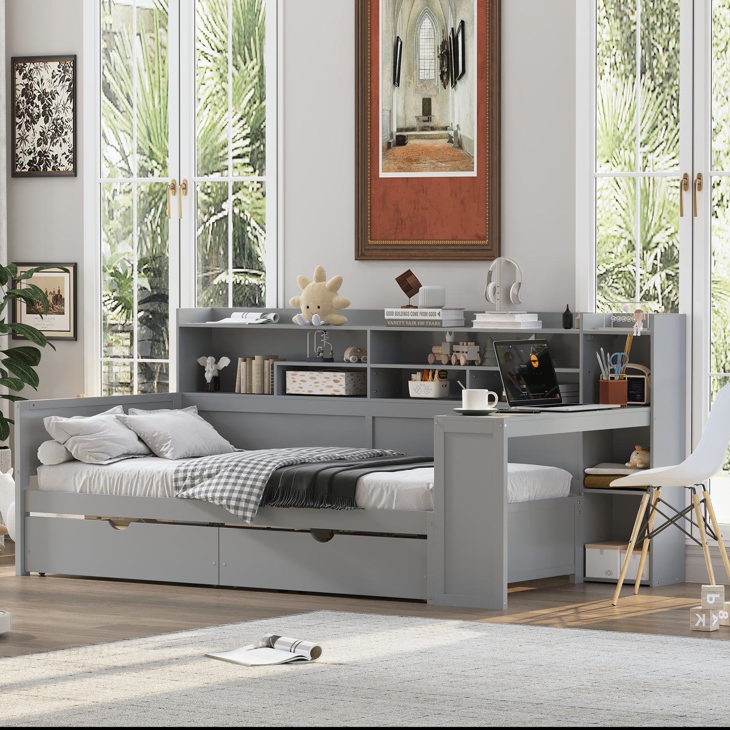 Wooden Twin Size Daybed With Storage Shelves, Multi-functional Bed With Two Storage Drawers And  Study Desk, Gray