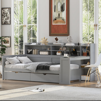 Wooden Twin Size Daybed With Storage Shelves, Multi-functional Bed With Two Storage Drawers And  Study Desk, Gray