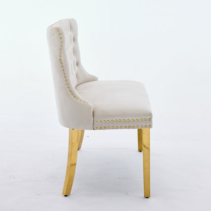 Velvet Double Dining Loveseat Bench, Kitchen & Dining Seating, 2-Seat Tufted Bench W Handmade Buttons, Wing Back, Gold-Plated Steel Legs, Mid Century Modern,Single Pack,Beige