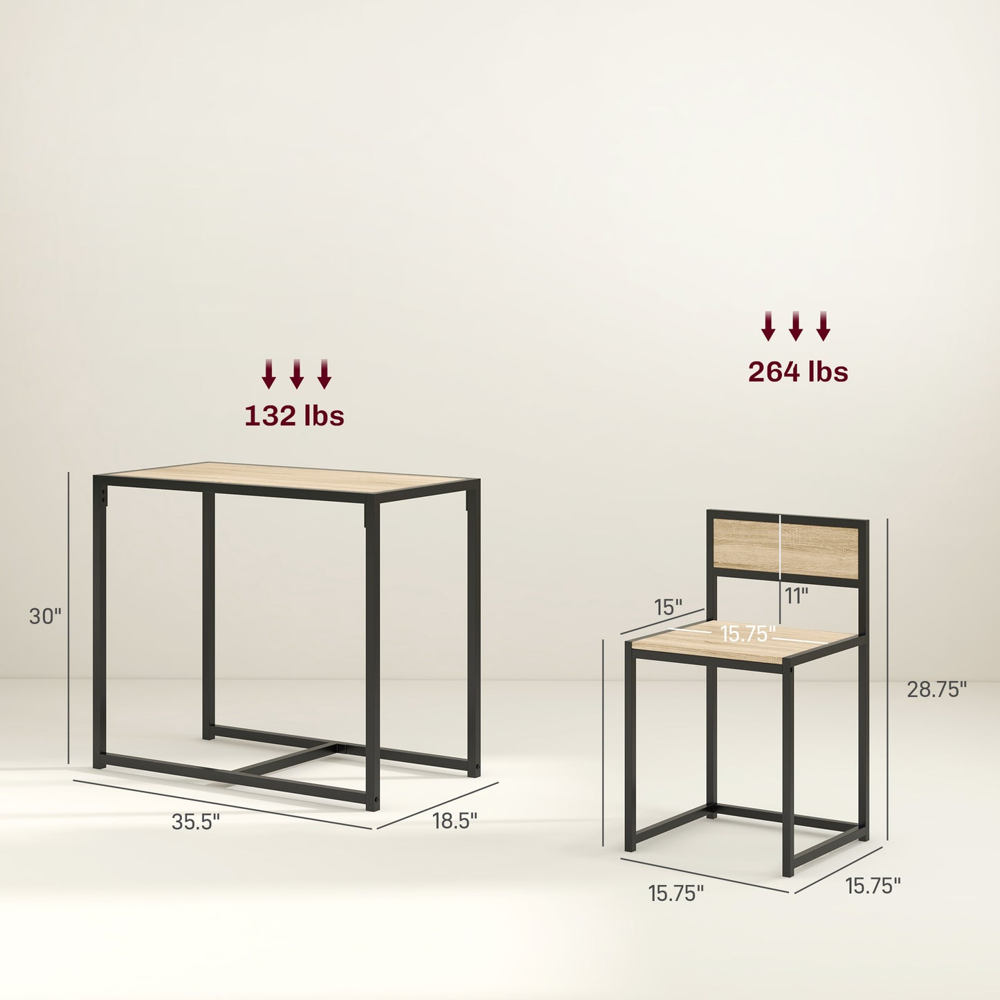 3-Piece Dining Room Set, Industrial Kitchen Table Set With Rectangular Table And 2 Dining Chairs, Oak