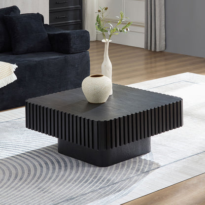 Modern 35.43 Inch Handcraft Drum Coffee Table Square Coffee Table For Living Room,Small Wooden Coffee Table With Sturdy MDF Pedesta,Black Color