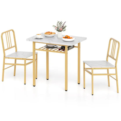 3-Piece Dining Table Set (White + Gold), Space-Saving Tuck-under Chair Design
