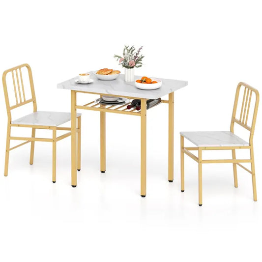 3-Piece Dining Table Set (White + Gold), Space-Saving Tuck-under Chair Design