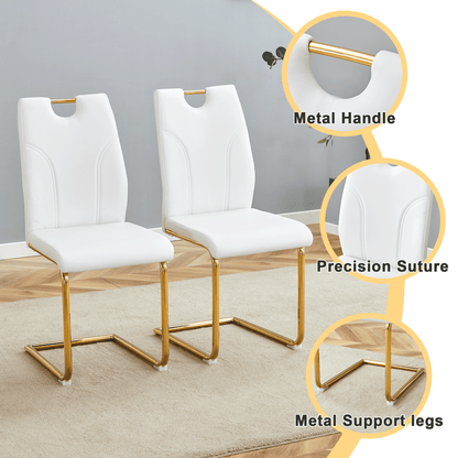 White PU Dining Chair Set.Uniquely Designed White Dining Chairs. PU Material, Paired With Gold Metal Chair Legs. Suitable For Offices, Restaurants, Kitchens, Conference Rooms, Etc. Set Of 6