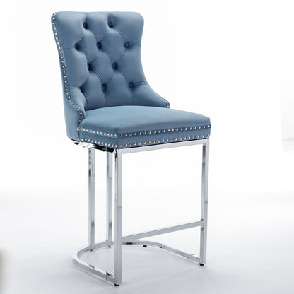 26  Counter Height Bar Stools Set Of 2, Modern Velvet Barstools With Button Back&Rivet Trim Upholstered Kitchen Island Chairs With Sturdy Chromed Metal Base Legs Farmhouse Bar Stools,Light Blue,2 Pack