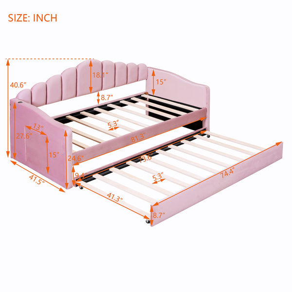 Twin Size Upholstered Daybed With Trundle ,Velvet Sofabed With USB Charging Ports,No Box-spring Needed,Pink Old SKU HL000067AAH