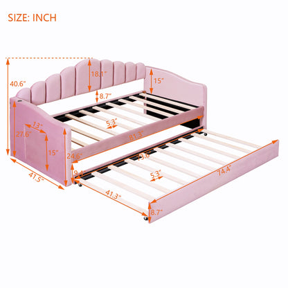 Twin Size Upholstered Daybed With Trundle ,Velvet Sofabed With USB Charging Ports,No Box-spring Needed,Pink Old SKU HL000067AAH