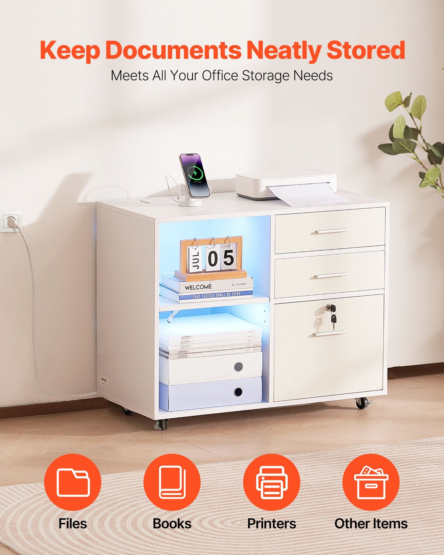 3 Drawer Wooden File Cabinet Mobile Filing Cabinet With Light Strip White