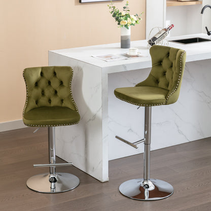 Swivel Velvet Barstools Adjusatble Seat Height From 25-33 Inch, Modern Upholstered Chrome Base Bar Stools With Backs Comfortable Tufted For Home Pub And Kitchen Island, Olive-Green,Set Of 2,1712OL