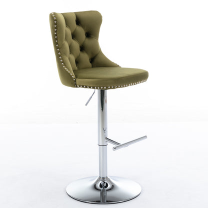 Swivel Velvet Barstools Adjusatble Seat Height From 25-33 Inch, Modern Upholstered Chrome Base Bar Stools With Backs Comfortable Tufted For Home Pub And Kitchen Island, Olive-Green,Set Of 2,1712OL