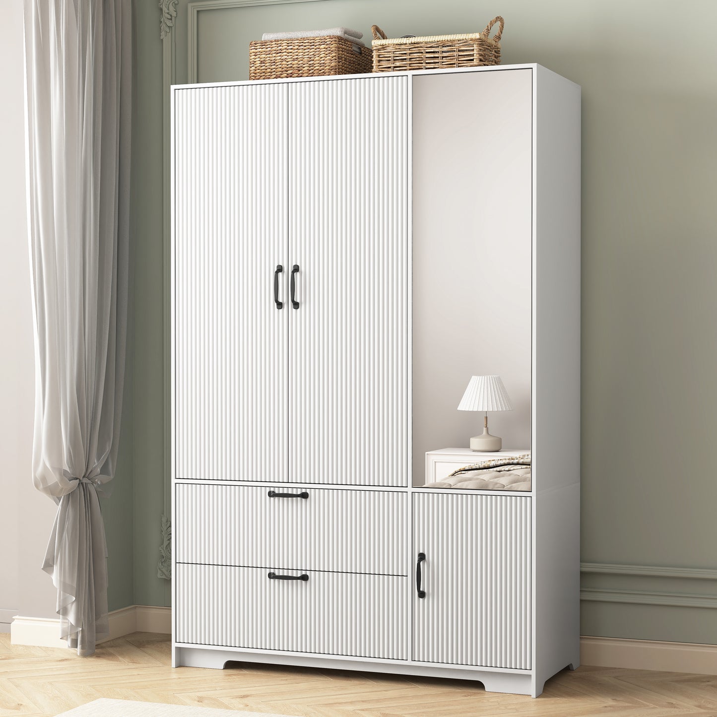 4 Doors Wardrobe Closet With Mirror, LED Wardrobe With Doors And 2 Drawers, Wooden Wardrobe Storage Cabinet With Hanging Rod, Adjustable Shelves, White