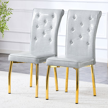 A Set Of 2 Gray And Gold Vintage Crocodile Leather Cushioned Dining Chairs, Featuring Crystal Clasp Design And Artificial Leather Design, Adding A Touch Of Elegance And Mystery To The Dining Area
