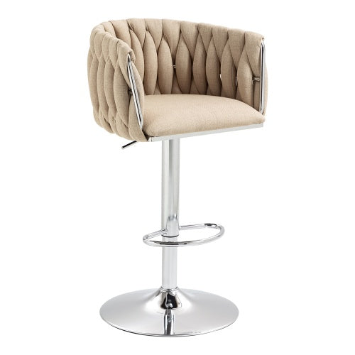 360 Fabric Cover Swivel Bar Stools Set Of 2, Adjustable Counter Height Bar Chairs With Woven Back & Footrest, Silver Chromed Bar Stools For Kitchen Island, Cafe, Pub