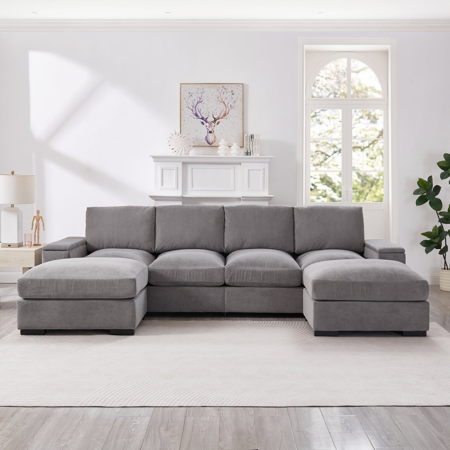 Sectional Sofa Deep Seat Sofa Couch With Ottomans, Corduroy Sofa Sleeper Comfy Upholstered Furniture For Living Room, Apartment, Office, 4-Seat & 2-Ottoman,GRAY