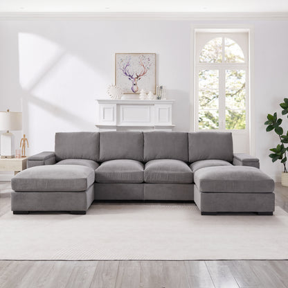 Sectional Sofa Deep Seat Sofa Couch With Ottomans, Corduroy Sofa Sleeper Comfy Upholstered Furniture For Living Room, Apartment, Office, 4-Seat & 2-Ottoman,GRAY