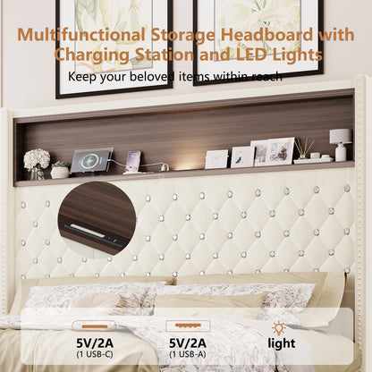 Queen Size Velvet Tufted Soft Bed Frame With USB Port And Night Light,52'' High Headboard With Rivet Decoration, Wing-back Platform Bed With Headboard Shelf, Beige