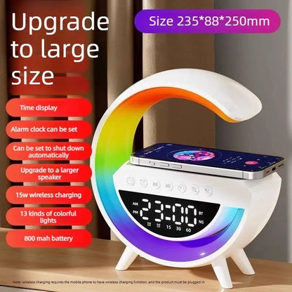 Multifunctional Atmosphere Night Light with Bluetooth Speaker Alarm Clock & Wireless Charger for Bedroom Bedside Speaker Ideal for Students Men