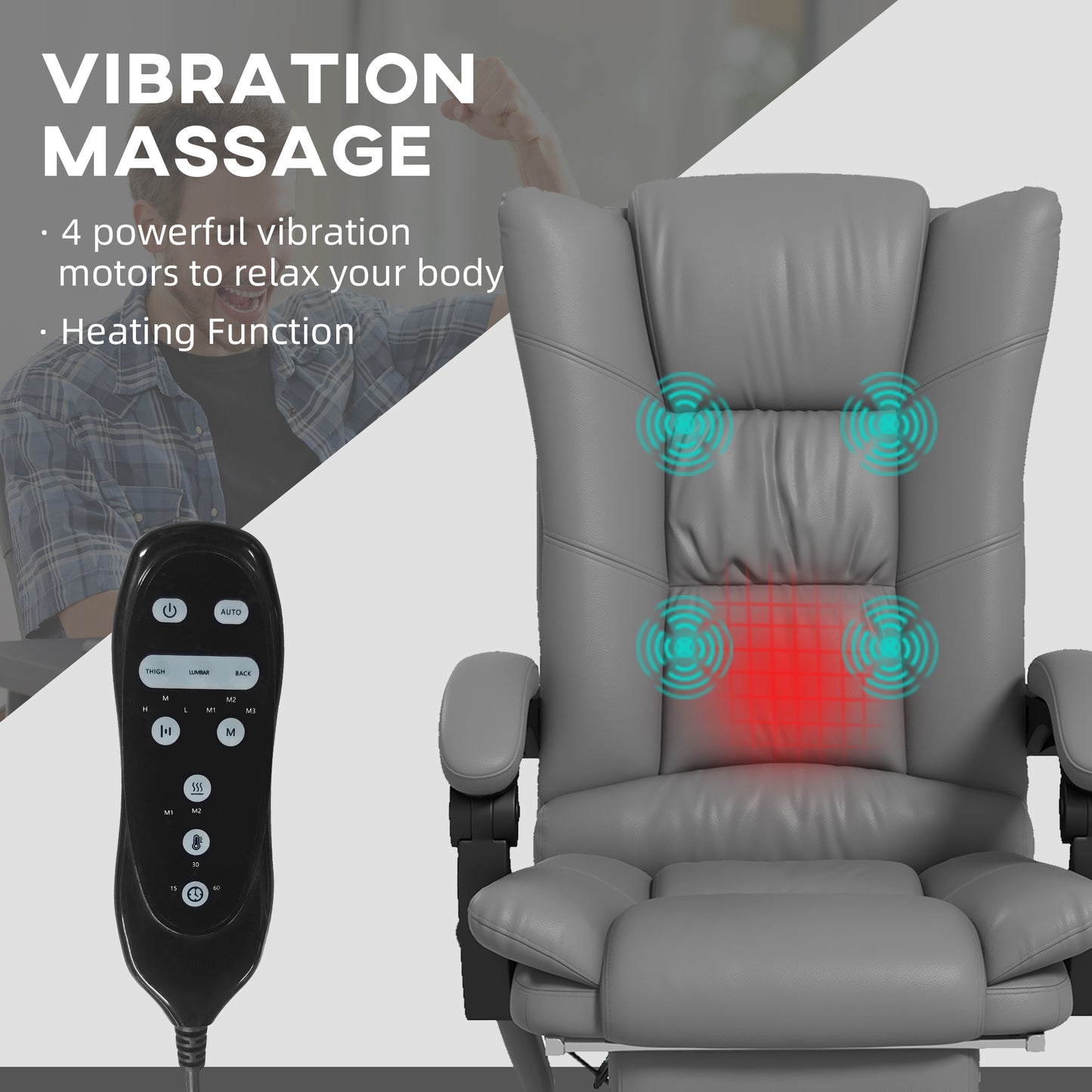 PU Leather Executive Massage Office Chair with 4 Vibration, Computer Desk Chair, Heated Reclining Chair with Adjustable Height, Swivel Wheels, Gray