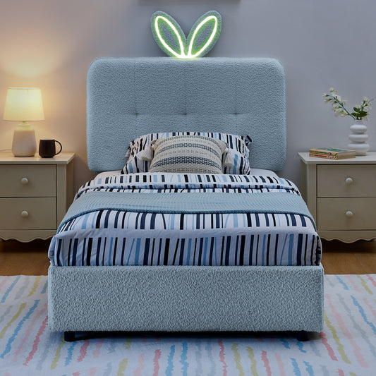Twin Size Kids Upholstered Bed With Oversized Rabbit Ear Headboard, LED Light & 4 Storage Drawers, Boucle Fabric 79.5X40.75X41