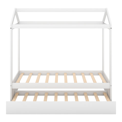 House Bed With Trundle, Can Be Decorated,White