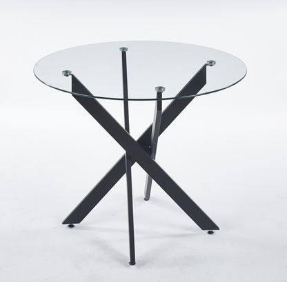 Black Dining Table With Cross Metal Leg And Tempered Glass,Modern Space Saving Kitchen Table For Living Room